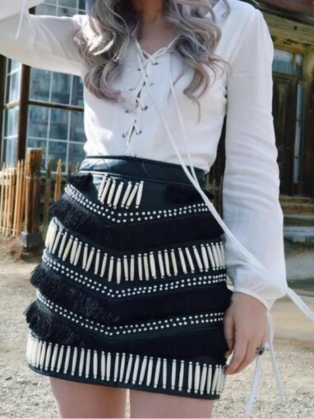 Nasty Gal NWOT Genuine Leather Easy Rider Fringed Beaded Mini Skirt Black L